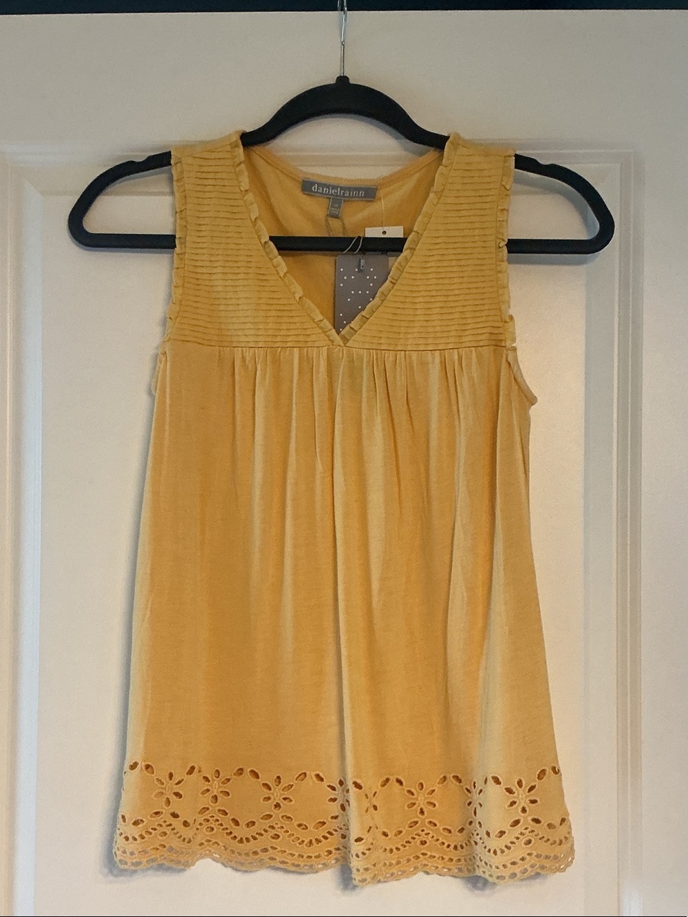 Daniel Rainn Mustard Yellow Sleeveless V-Neck Tank with Eyelet Hem